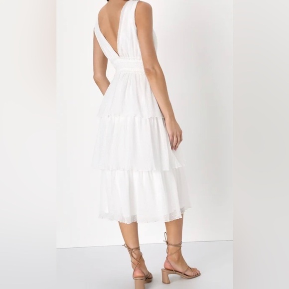 Lulus dreamy mood white Swiss dot tiered midi dress. Polyester. Size Small. - Picture 3 of 14